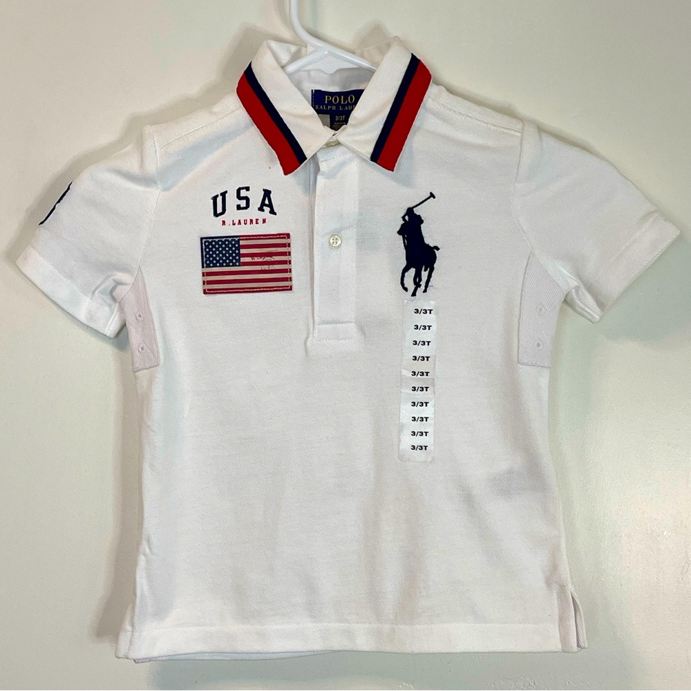 Ralph Lauren Boys Large USA Flag Big Pony Spell Out Collared Rugby Polo Shirt